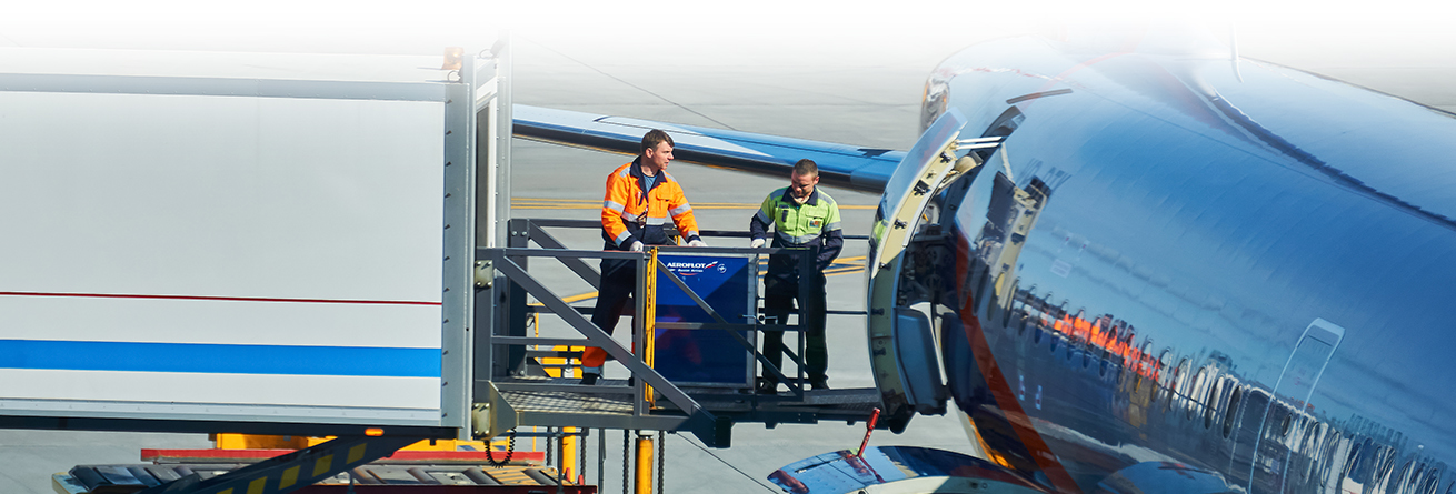 Zwei Frachtabfertiger koordinieren die Beladung eines Flugzeugs und &uuml;berwachen den sicheren Ablauf an der Frachtt&uuml;r.