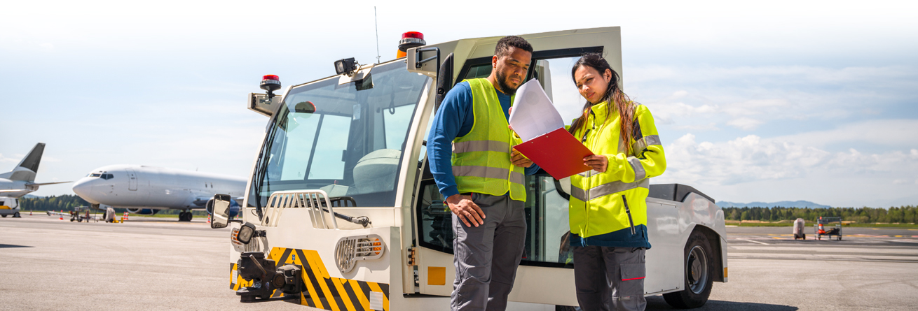 Zwei Frachtabfertiger pr&uuml;fen Unterlagen direkt am Vorfeldfahrzeug und bereiten den n&auml;chsten Arbeitsschritt vor.